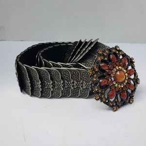 Vintage Boho Belt Embossed Metal Overlay with Gemstone Buckle